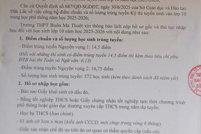 Thông báo nộp hồ sơ gốc và làm thủ tục nhập học vào lớp 10_THPT Buôn Ma Thuột năm học 2025-2026