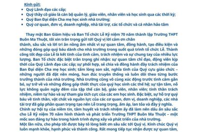 Thư cám ơn của Ban tổ chức Lễ kỷ niệm 70 Ngày thành lập, xây dựng và phát triển Trường THPT Buôn Ma Thuột (1955-2025)